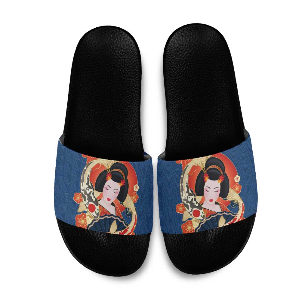 Japanese Geisha Koi Fish Slide Sandals Cherry Blossoms Blue Seigaiha Pattern - Polynesian Pride