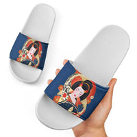 Japanese Geisha Koi Fish Slide Sandals Cherry Blossoms Blue Seigaiha Pattern - Polynesian Pride