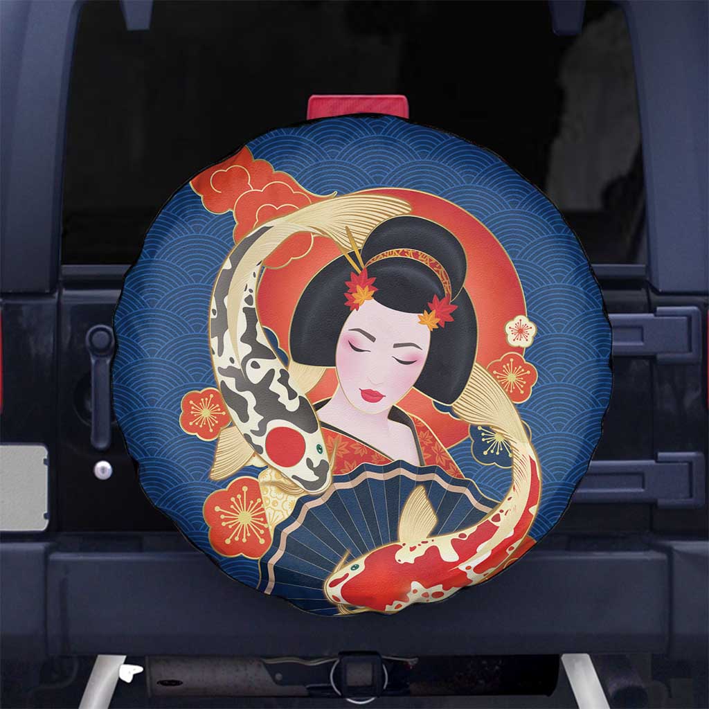 Japanese Geisha Koi Fish Spare Tire Cover Cherry Blossoms Blue Seigaiha Pattern - Polynesian Pride