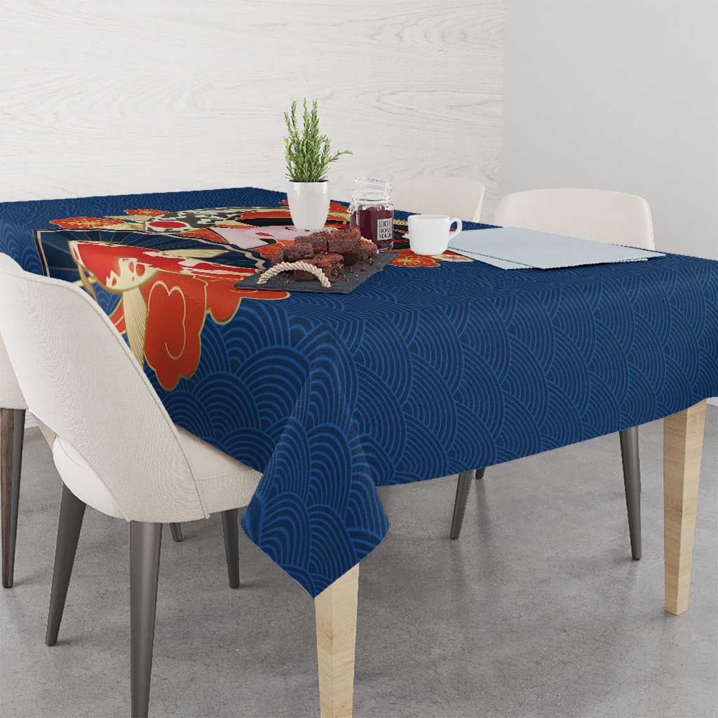 Japanese Geisha Koi Fish Tablecloth Cherry Blossoms Blue Seigaiha Pattern - Polynesian Pride