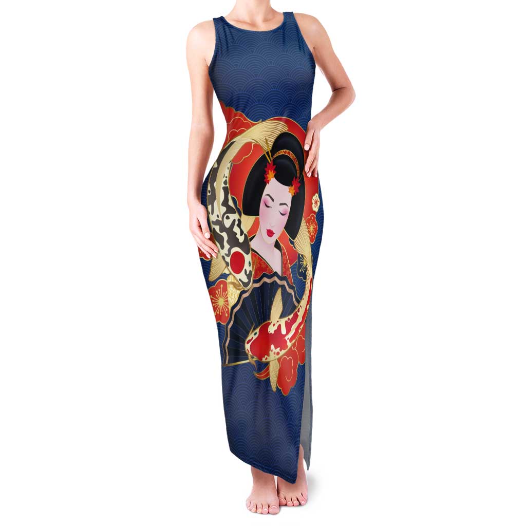Japanese Geisha Koi Fish Tank Maxi Dress Cherry Blossoms Blue Seigaiha Pattern - Polynesian Pride