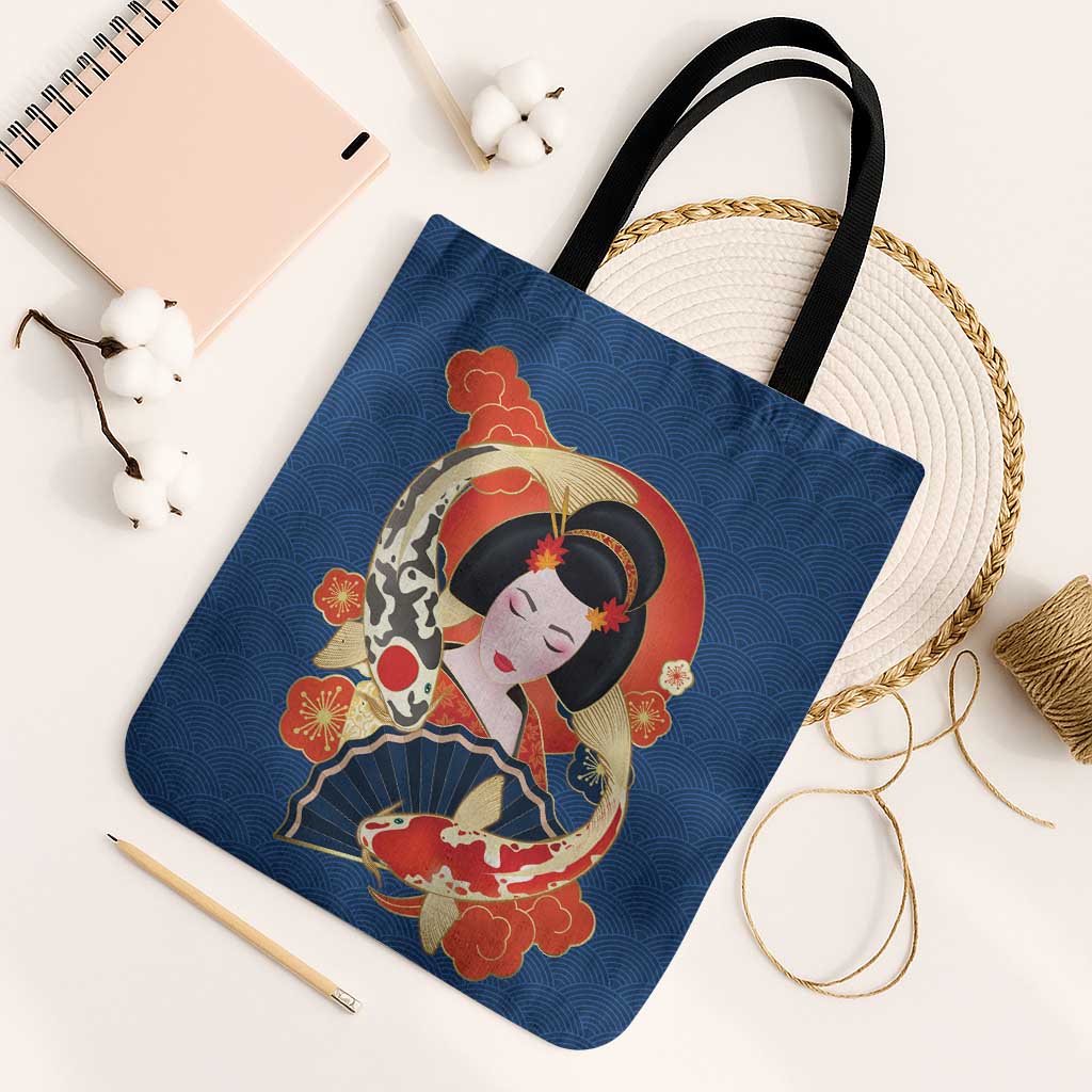 Japanese Geisha Koi Fish Tote Bag Cherry Blossoms Blue Seigaiha Pattern - Polynesian Pride