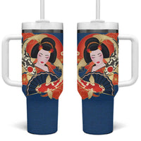 Japanese Geisha Koi Fish Tumbler With Handle Cherry Blossoms Blue Seigaiha Pattern - Polynesian Pride