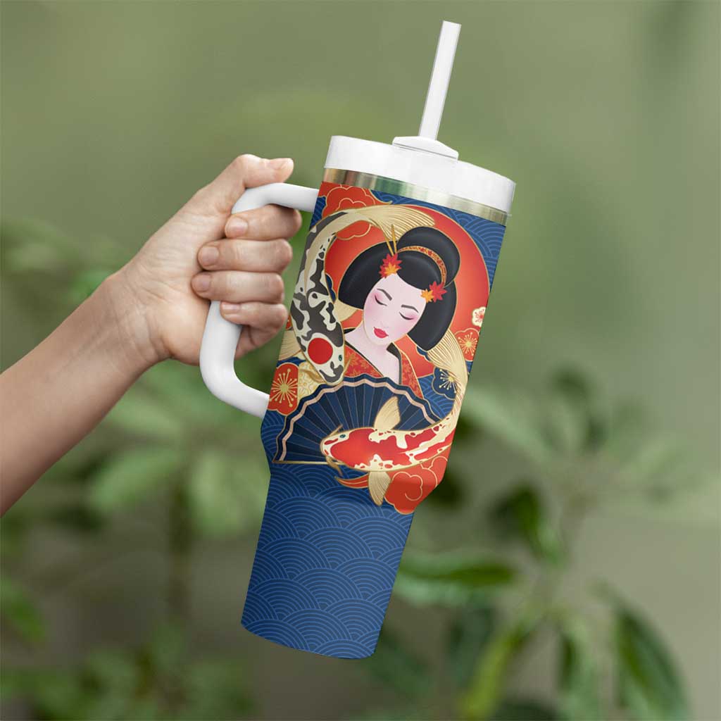Japanese Geisha Koi Fish Tumbler With Handle Cherry Blossoms Blue Seigaiha Pattern - Polynesian Pride