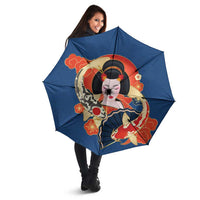 Japanese Geisha Koi Fish Umbrella Cherry Blossoms Blue Seigaiha Pattern - Polynesian Pride