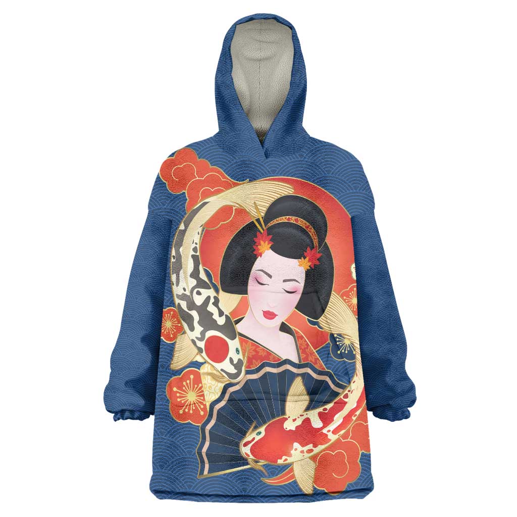 Japanese Geisha Koi Fish Wearable Blanket Hoodie Cherry Blossoms Blue Seigaiha Pattern - Polynesian Pride