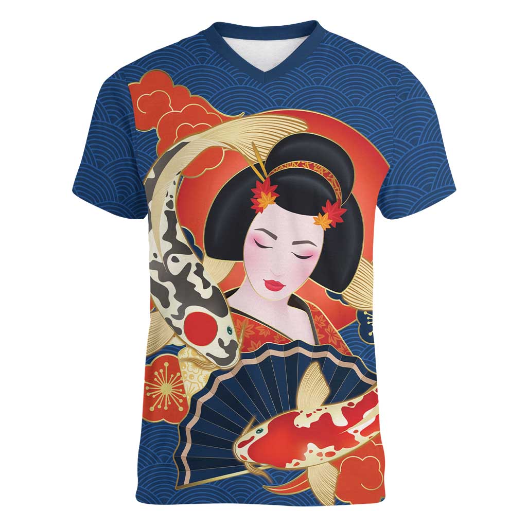 Japanese Geisha Koi Fish Women V-Neck T-Shirt Cherry Blossoms Blue Seigaiha Pattern - Polynesian Pride