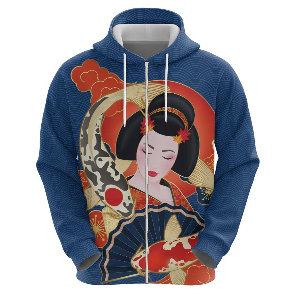 Japanese Geisha Koi Fish Zip Hoodie Cherry Blossoms Blue Seigaiha Pattern - Polynesian Pride