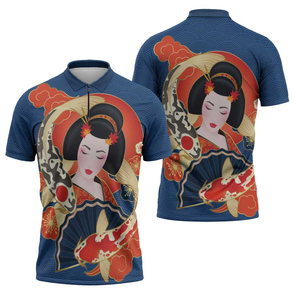 Japanese Geisha Koi Fish Zipper Polo Shirt Cherry Blossoms Blue Seigaiha Pattern - Polynesian Pride