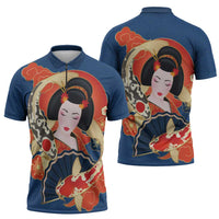 Japanese Geisha Koi Fish Zipper Polo Shirt Cherry Blossoms Blue Seigaiha Pattern - Polynesian Pride