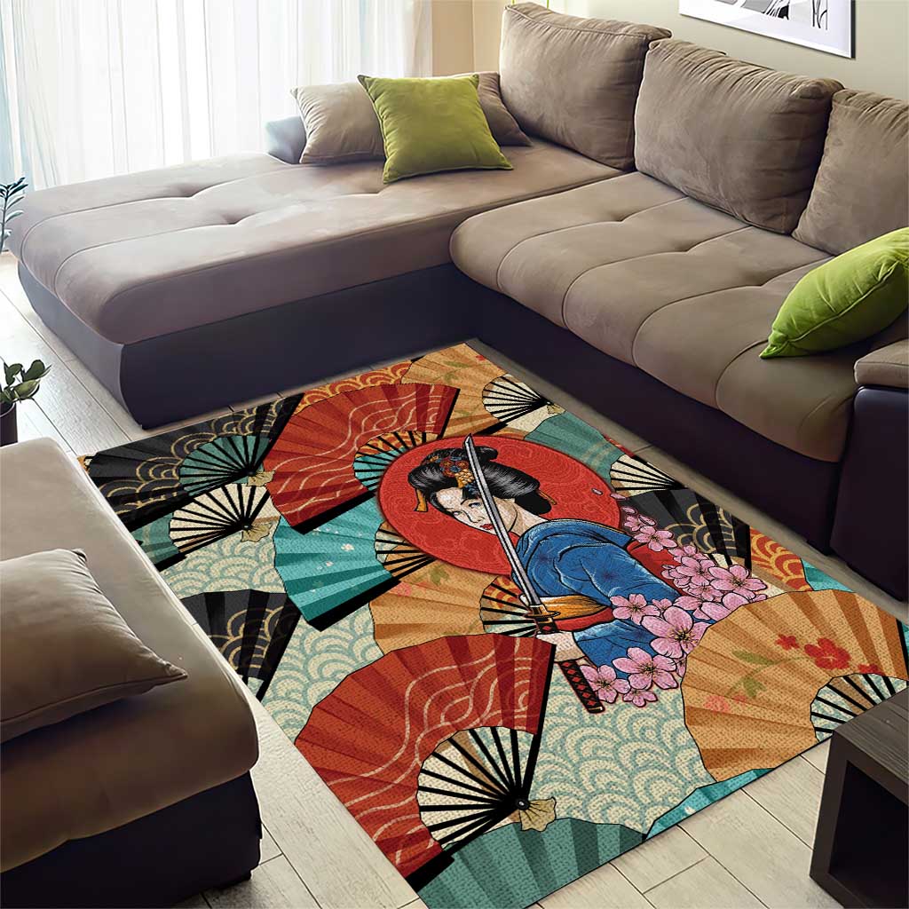 Japanese Geisha Katana Area Rug Japan Sensu Seigaiha Pattern - Polynesian Pride