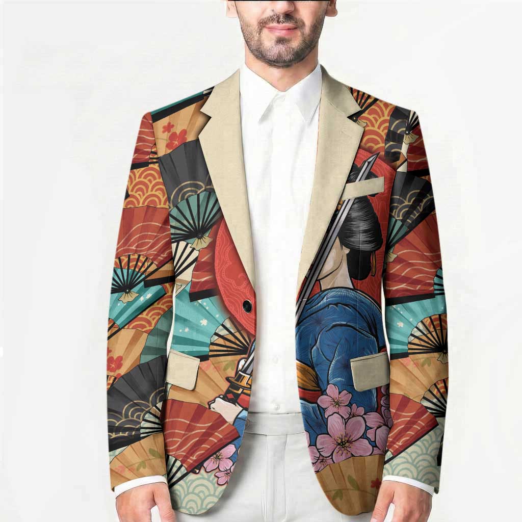 Japanese Geisha Katana Blazer Japan Sensu Seigaiha Pattern - Polynesian Pride