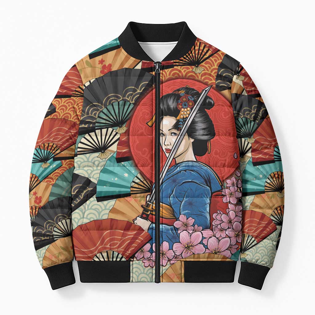 Japanese Geisha Katana Bomber Puffer Jacket Japan Sensu Seigaiha Pattern - Polynesian Pride