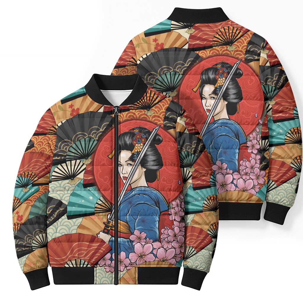 Japanese Geisha Katana Bomber Puffer Jacket Japan Sensu Seigaiha Pattern - Polynesian Pride