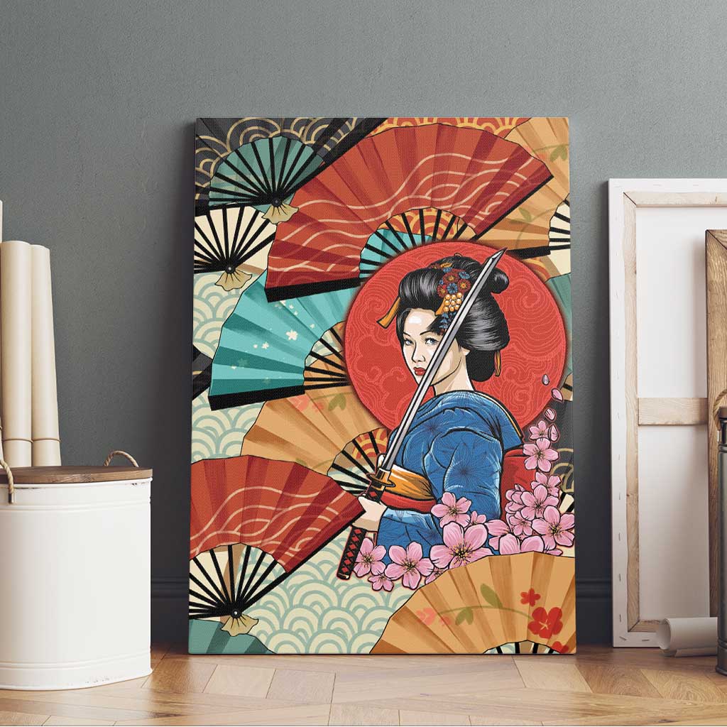 Japanese Geisha Katana Canvas Wall Art Japan Sensu Seigaiha Pattern - Polynesian Pride
