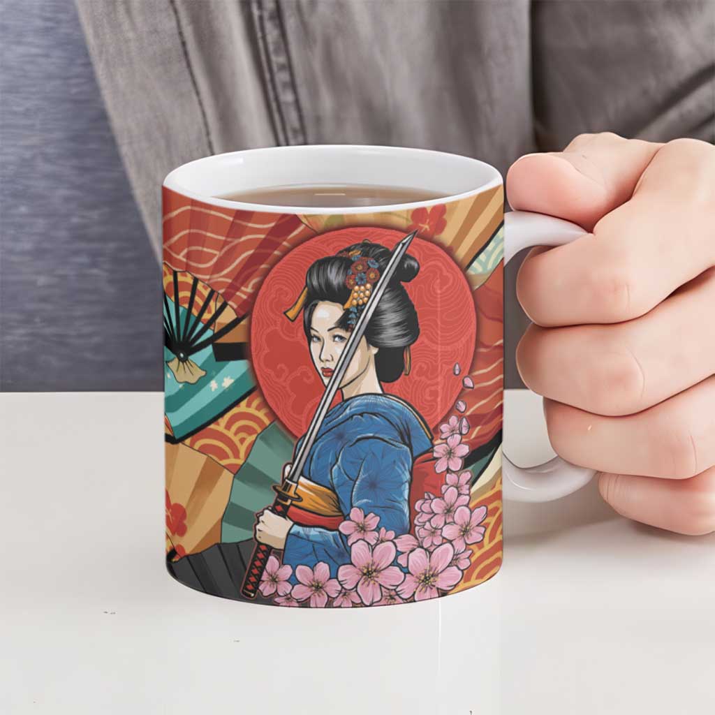 Japanese Geisha Katana Ceramic Mug Japan Sensu Seigaiha Pattern - Polynesian Pride