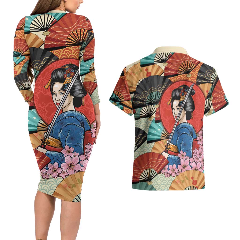 Japanese Geisha Katana Couples Matching Long Sleeve Bodycon Dress and Hawaiian Shirt Japan Sensu Seigaiha Pattern LT14 - Polynesian Pride