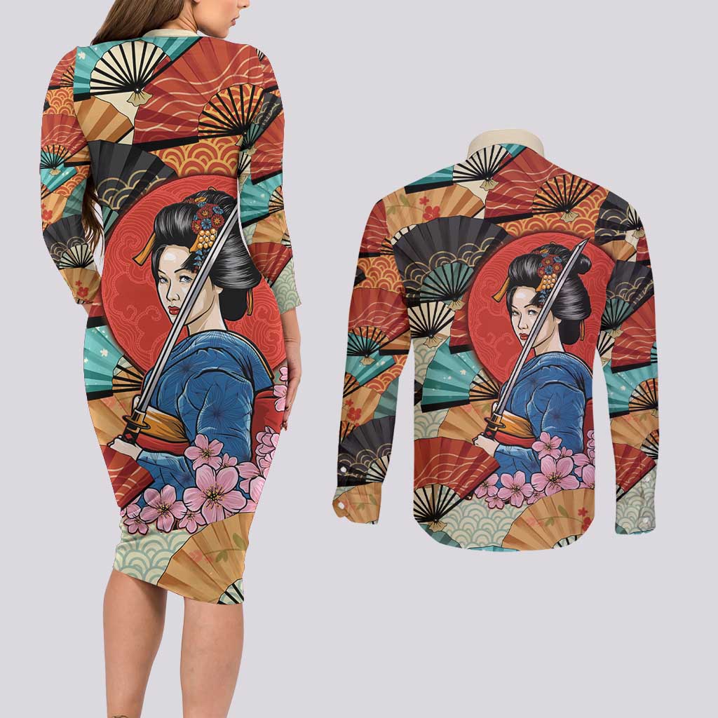 Japanese Geisha Katana Couples Matching Long Sleeve Bodycon Dress and Long Sleeve Button Shirt Japan Sensu Seigaiha Pattern - Polynesian Pride
