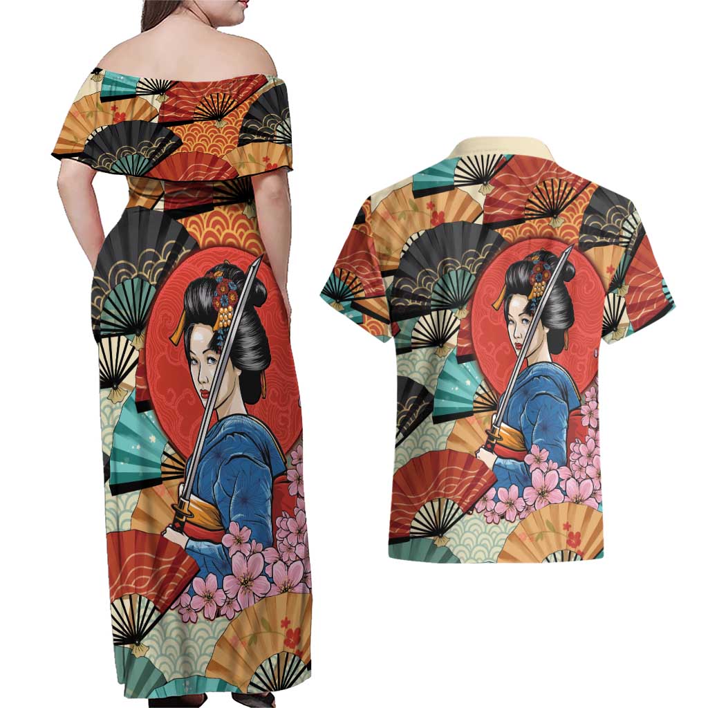 Japanese Geisha Katana Couples Matching Off Shoulder Maxi Dress and Hawaiian Shirt Japan Sensu Seigaiha Pattern - Polynesian Pride