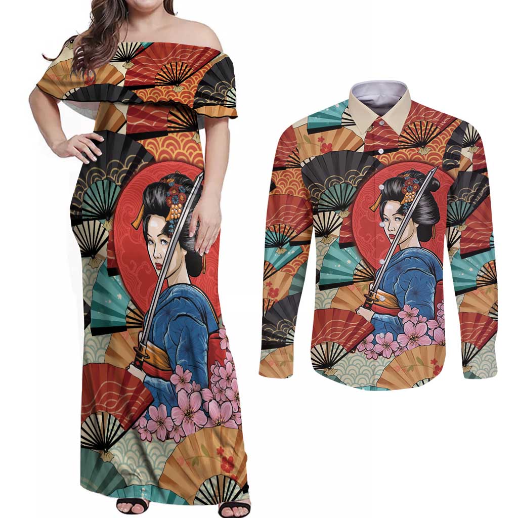 Japanese Geisha Katana Couples Matching Off Shoulder Maxi Dress and Long Sleeve Button Shirt Japan Sensu Seigaiha Pattern - Polynesian Pride