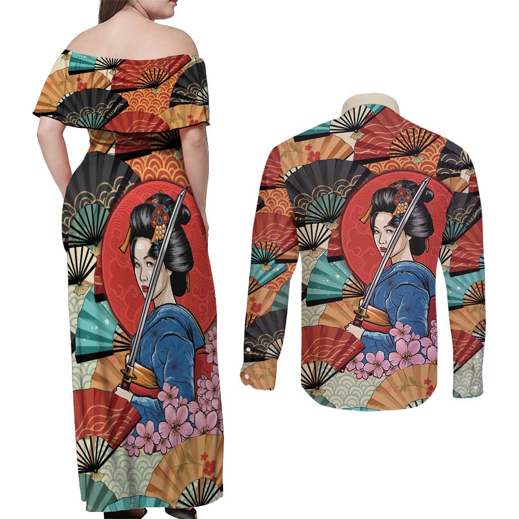 Japanese Geisha Katana Couples Matching Off Shoulder Maxi Dress and Long Sleeve Button Shirt Japan Sensu Seigaiha Pattern - Polynesian Pride