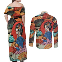 Japanese Geisha Katana Couples Matching Off Shoulder Maxi Dress and Long Sleeve Button Shirt Japan Sensu Seigaiha Pattern - Polynesian Pride