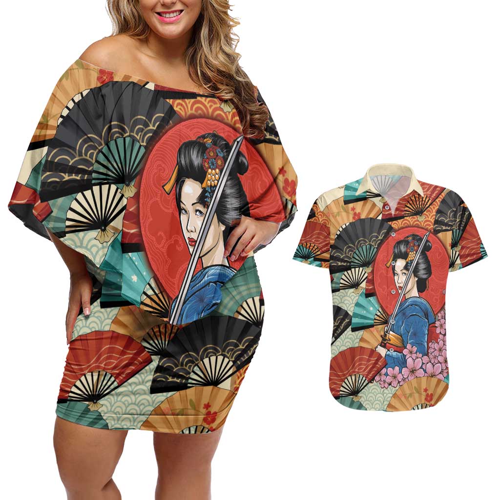 Japanese Geisha Katana Couples Matching Off Shoulder Short Dress and Hawaiian Shirt Japan Sensu Seigaiha Pattern - Polynesian Pride