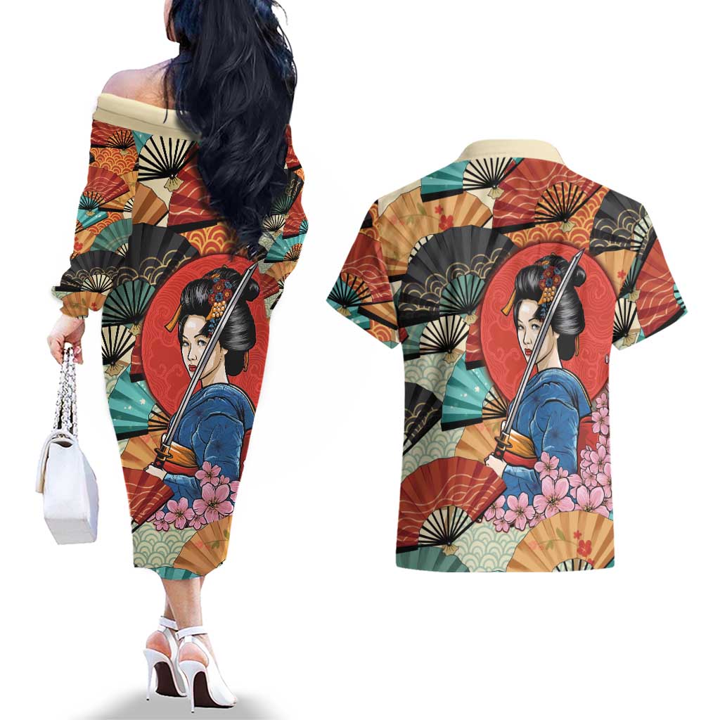 Japanese Geisha Katana Couples Matching Off The Shoulder Long Sleeve Dress and Hawaiian Shirt Japan Sensu Seigaiha Pattern LT14 - Polynesian Pride