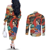 Japanese Geisha Katana Couples Matching Off The Shoulder Long Sleeve Dress and Long Sleeve Button Shirt Japan Sensu Seigaiha Pattern - Polynesian Pride