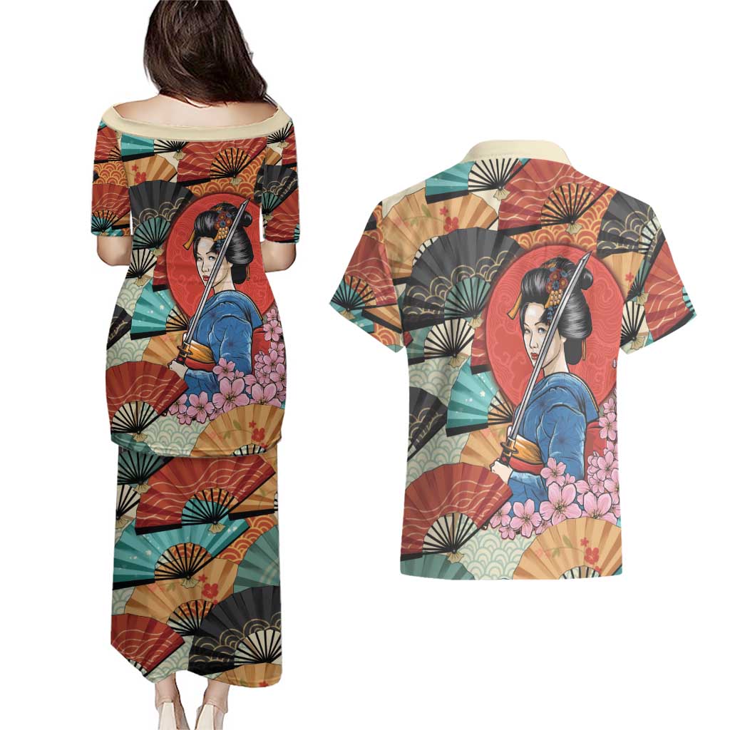 Japanese Geisha Katana Couples Matching Puletasi and Hawaiian Shirt Japan Sensu Seigaiha Pattern - Polynesian Pride