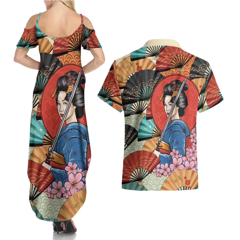 Japanese Geisha Katana Couples Matching Summer Maxi Dress and Hawaiian Shirt Japan Sensu Seigaiha Pattern - Polynesian Pride
