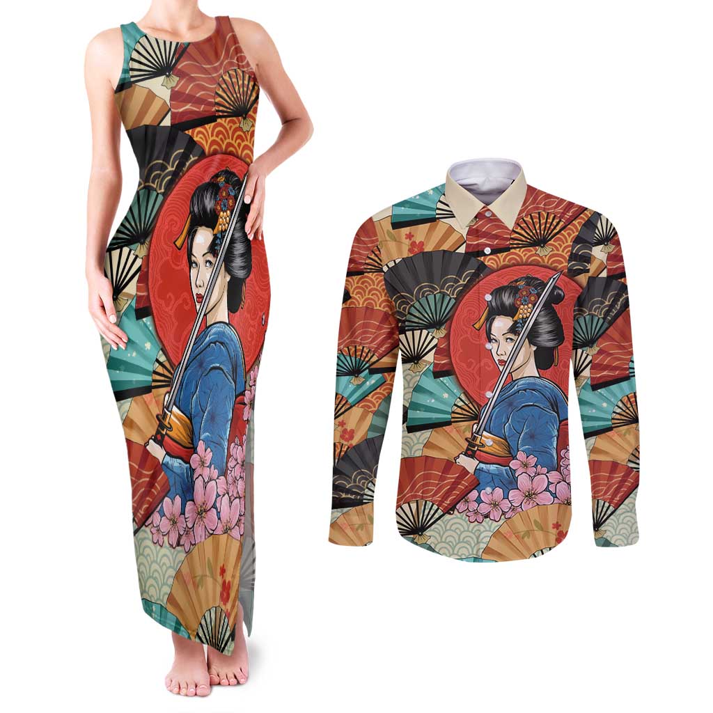 Japanese Geisha Katana Couples Matching Tank Maxi Dress and Long Sleeve Button Shirt Japan Sensu Seigaiha Pattern - Polynesian Pride