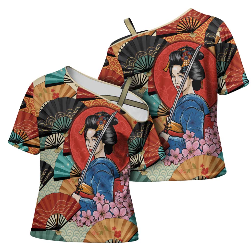 Japanese Geisha Katana Cross Shoulder Shirt Japan Sensu Seigaiha Pattern - Polynesian Pride