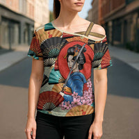 Japanese Geisha Katana Cross Shoulder Shirt Japan Sensu Seigaiha Pattern - Polynesian Pride