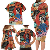 Japanese Geisha Katana Family Matching Long Sleeve Bodycon Dress and Hawaiian Shirt Japan Sensu Seigaiha Pattern LT14 - Polynesian Pride