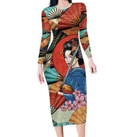 Japanese Geisha Katana Family Matching Long Sleeve Bodycon Dress and Hawaiian Shirt Japan Sensu Seigaiha Pattern LT14 Mom's Dress Multicolor - Polynesian Pride