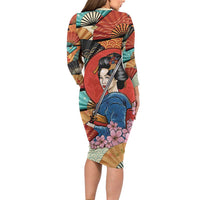 Japanese Geisha Katana Family Matching Long Sleeve Bodycon Dress and Hawaiian Shirt Japan Sensu Seigaiha Pattern LT14 - Polynesian Pride