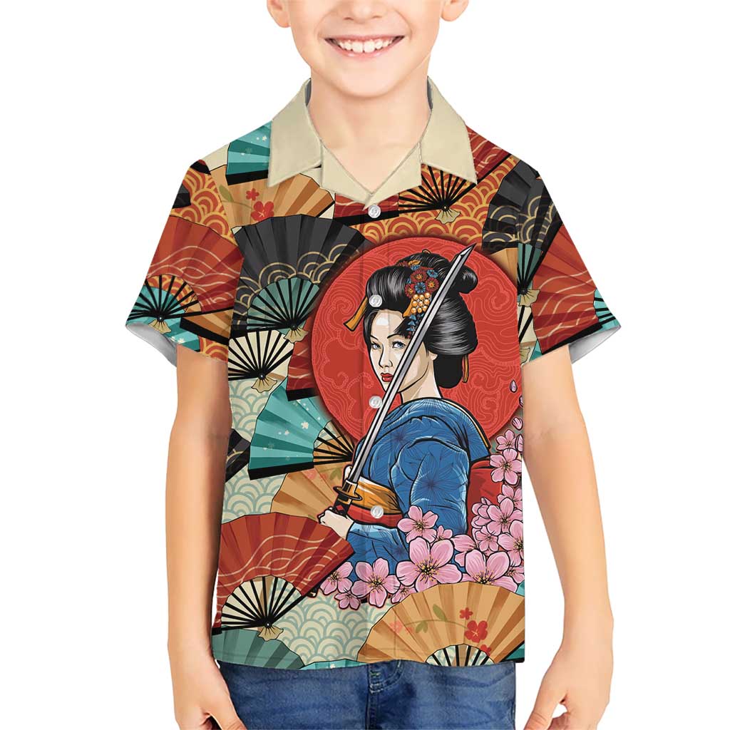 Japanese Geisha Katana Family Matching Long Sleeve Bodycon Dress and Hawaiian Shirt Japan Sensu Seigaiha Pattern LT14 Son's Shirt Multicolor - Polynesian Pride