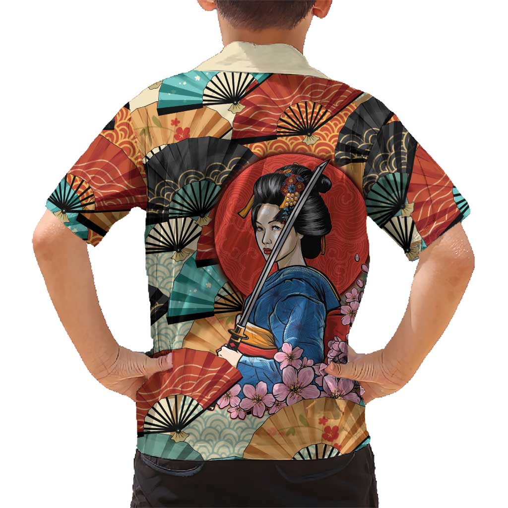 Japanese Geisha Katana Family Matching Off The Shoulder Long Sleeve Dress and Hawaiian Shirt Japan Sensu Seigaiha Pattern LT14 - Polynesian Pride