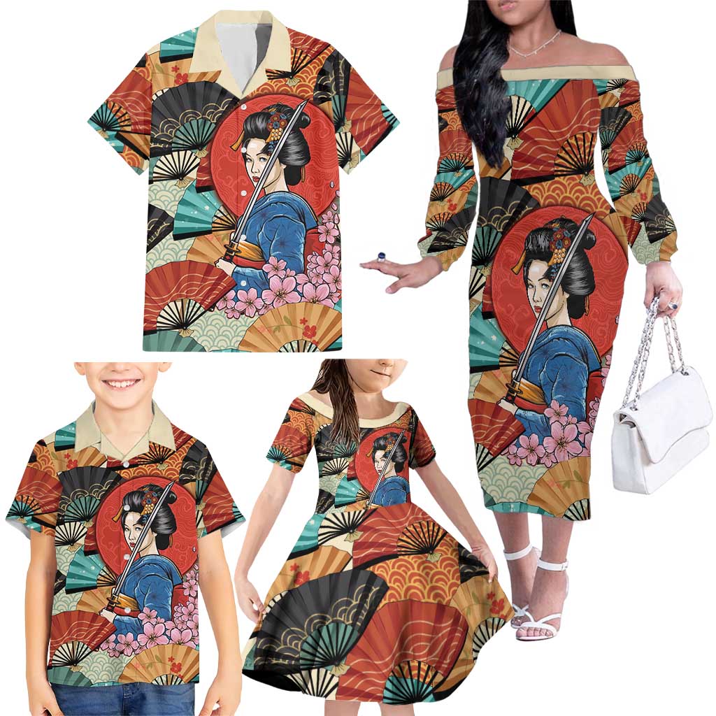 Japanese Geisha Katana Family Matching Off The Shoulder Long Sleeve Dress and Hawaiian Shirt Japan Sensu Seigaiha Pattern LT14 - Polynesian Pride
