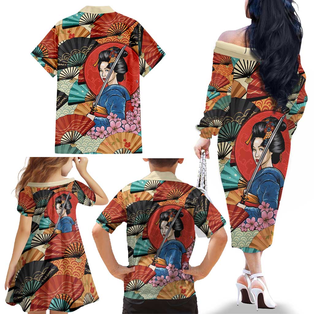 Japanese Geisha Katana Family Matching Off The Shoulder Long Sleeve Dress and Hawaiian Shirt Japan Sensu Seigaiha Pattern LT14 - Polynesian Pride
