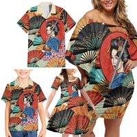 Japanese Geisha Katana Family Matching Off Shoulder Short Dress and Hawaiian Shirt Japan Sensu Seigaiha Pattern LT14 - Polynesian Pride