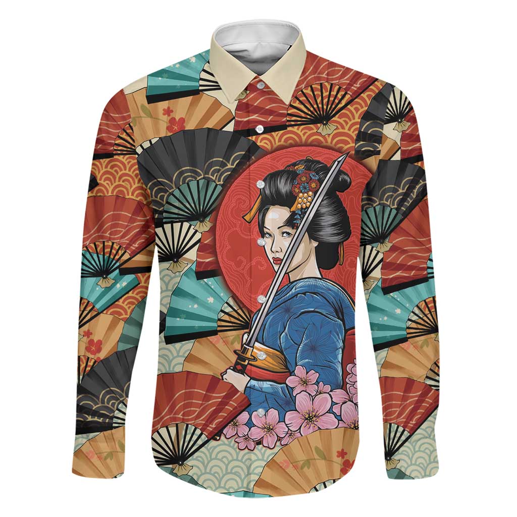 Japanese Geisha Katana Family Matching Off Shoulder Short Dress and Hawaiian Shirt Japan Sensu Seigaiha Pattern LT14 Dad's Shirt - Long Sleeve Multicolor - Polynesian Pride