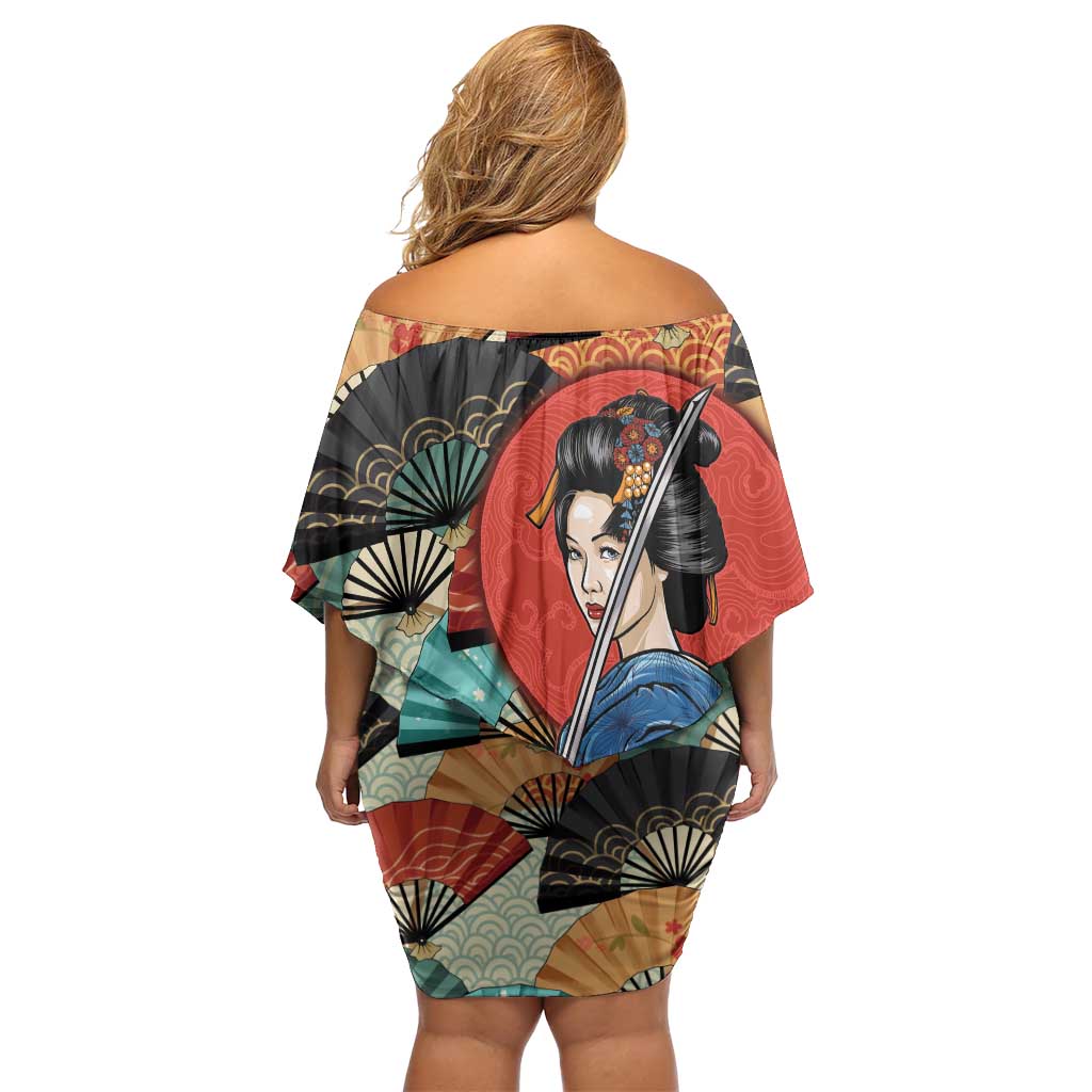 Japanese Geisha Katana Family Matching Off Shoulder Short Dress and Hawaiian Shirt Japan Sensu Seigaiha Pattern LT14 - Polynesian Pride