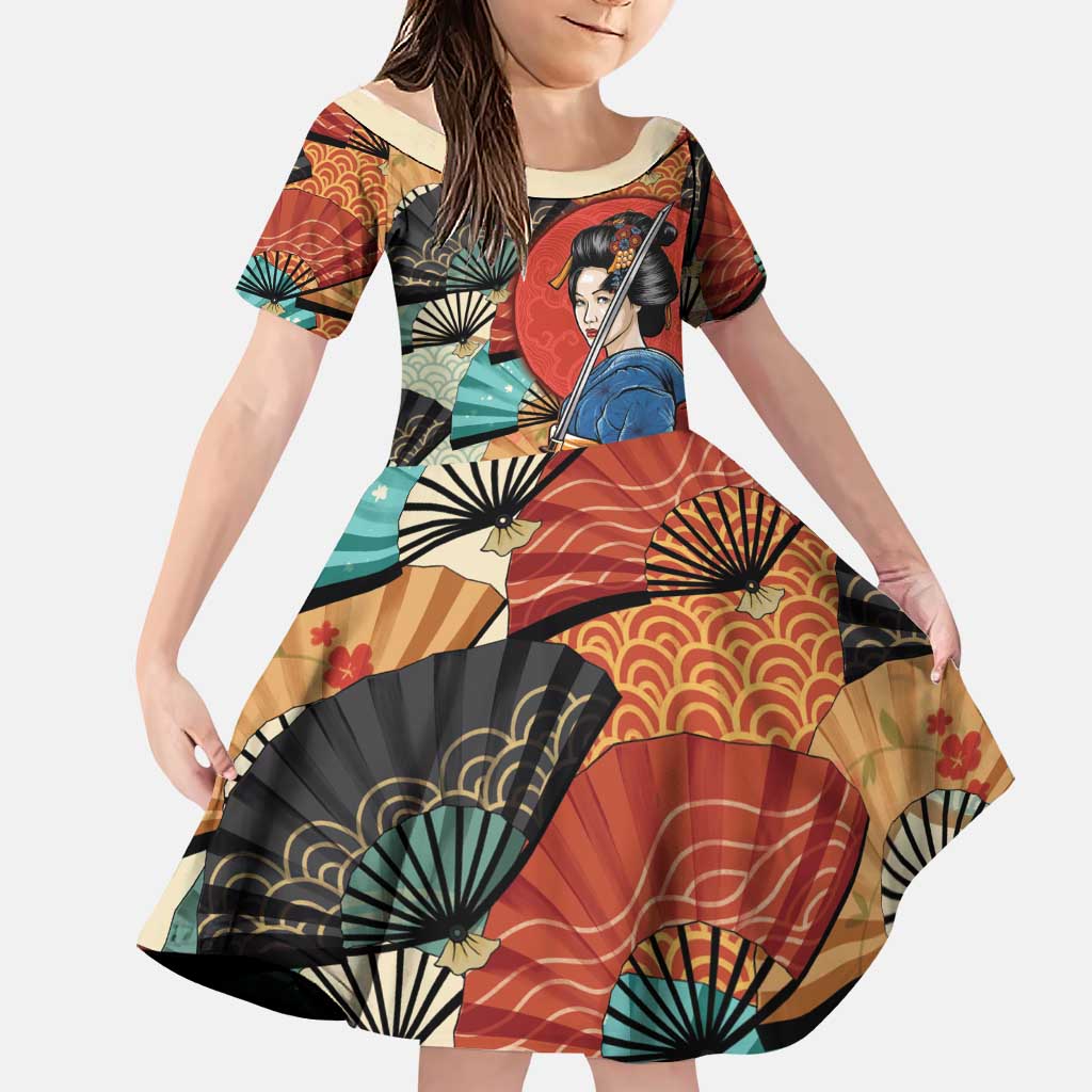 Japanese Geisha Katana Family Matching Puletasi and Hawaiian Shirt Japan Sensu Seigaiha Pattern LT14 Daughter's Dress Multicolor - Polynesian Pride