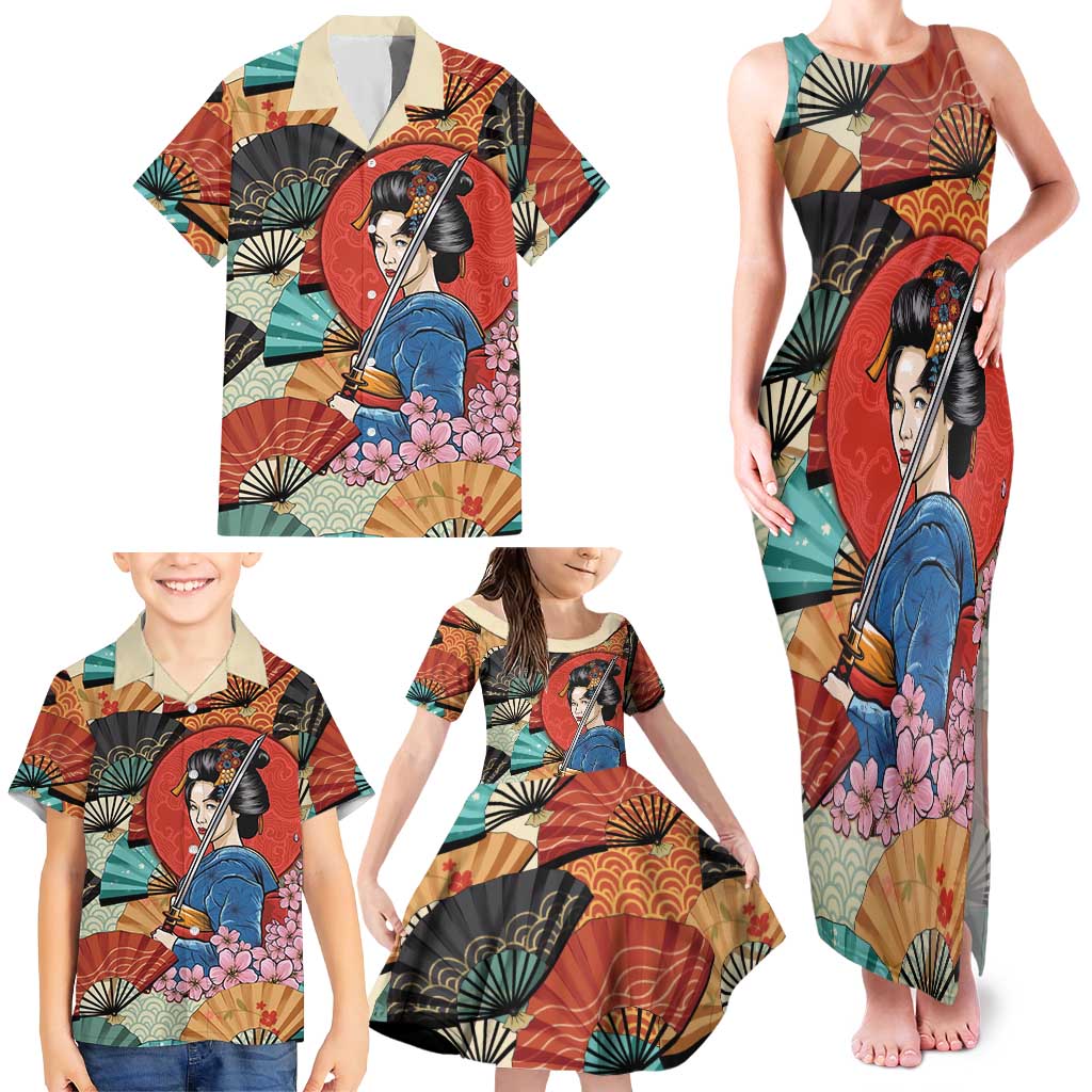 Japanese Geisha Katana Family Matching Tank Maxi Dress and Hawaiian Shirt Japan Sensu Seigaiha Pattern LT14 - Polynesian Pride