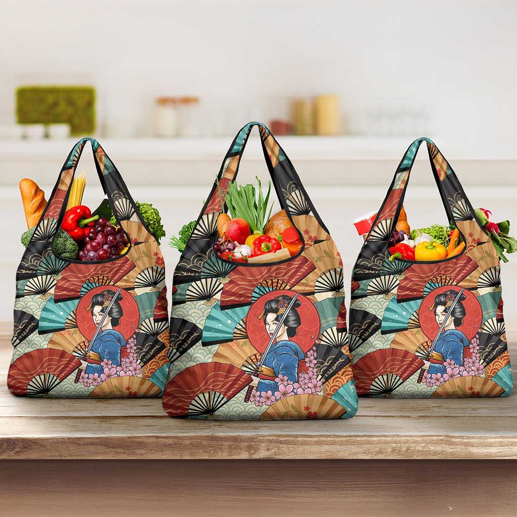 Japanese Geisha Katana Grocery Bag Japan Sensu Seigaiha Pattern - Polynesian Pride