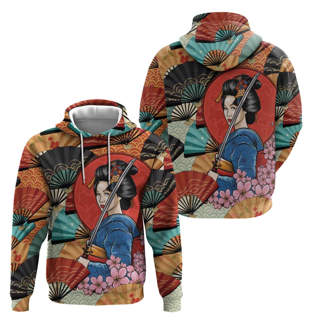 Japanese Geisha Katana Hoodie Japan Sensu Seigaiha Pattern LT14 - Polynesian Pride