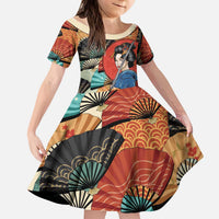 Japanese Geisha Katana Kid Short Sleeve Dress Japan Sensu Seigaiha Pattern - Polynesian Pride