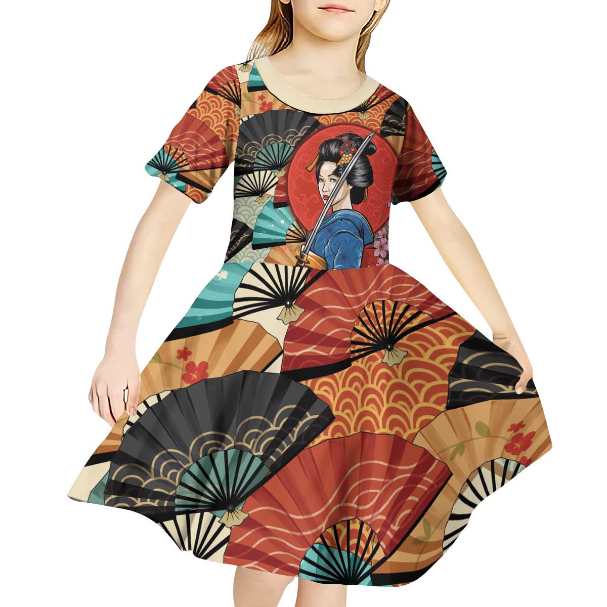 Japanese Geisha Katana Kid Short Sleeve Dress Japan Sensu Seigaiha Pattern - Polynesian Pride